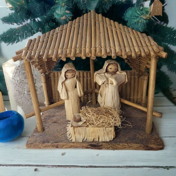 Kurt Adler Nativity Bamboo Husks Handmade Phillipines Jesus Christmas Holidays - Picture 1 of 14